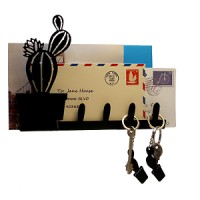 Hanging Key & Mail Holder Rack + 2 Keychains | Wall Mounted Black Metal Cactus   253259208492